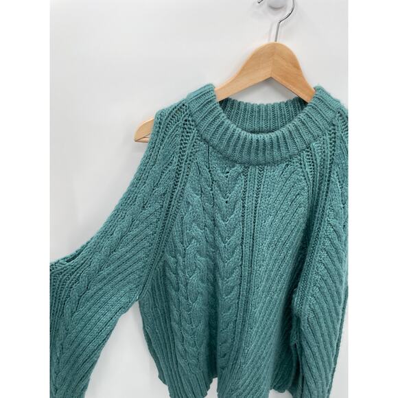 Urban Outfitters NWT Teal Cold Shoulder Cable Knit Sweater L - Picture 9 of 10
